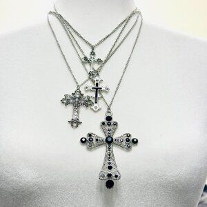4 pcs set Silver cross necklace with black accents